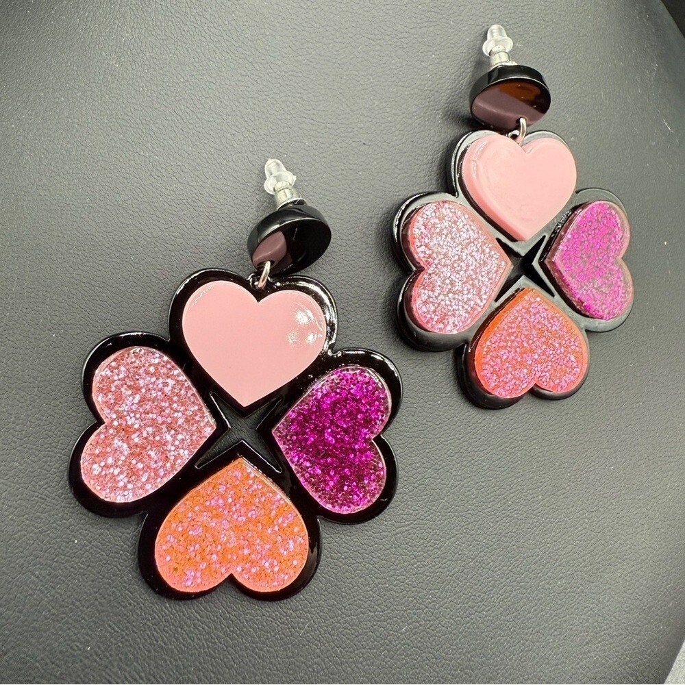 Pretty Sparkly Heart 4 Leaf Clover Earrings in Pink Ombre - Acrylic Pierced